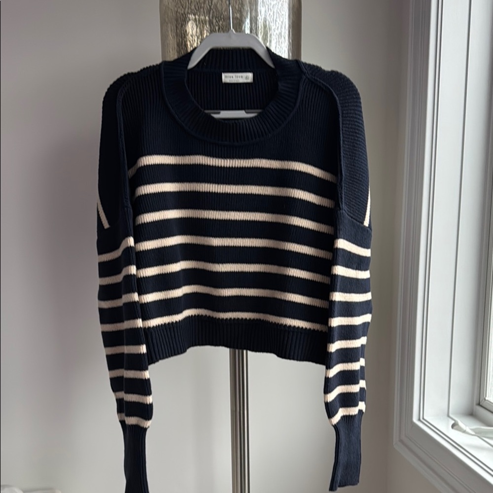 Miss Love Chic Blue and Cream Crew Neck Striped Sweater
